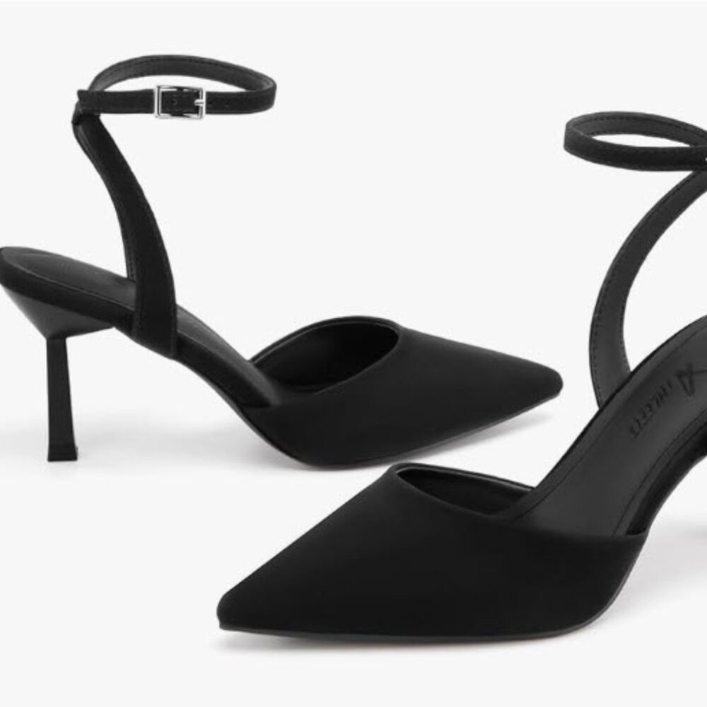 (NEW) Athlefit Stiletto Heels Pointed Toe Ankle Strap - BLACK 8
